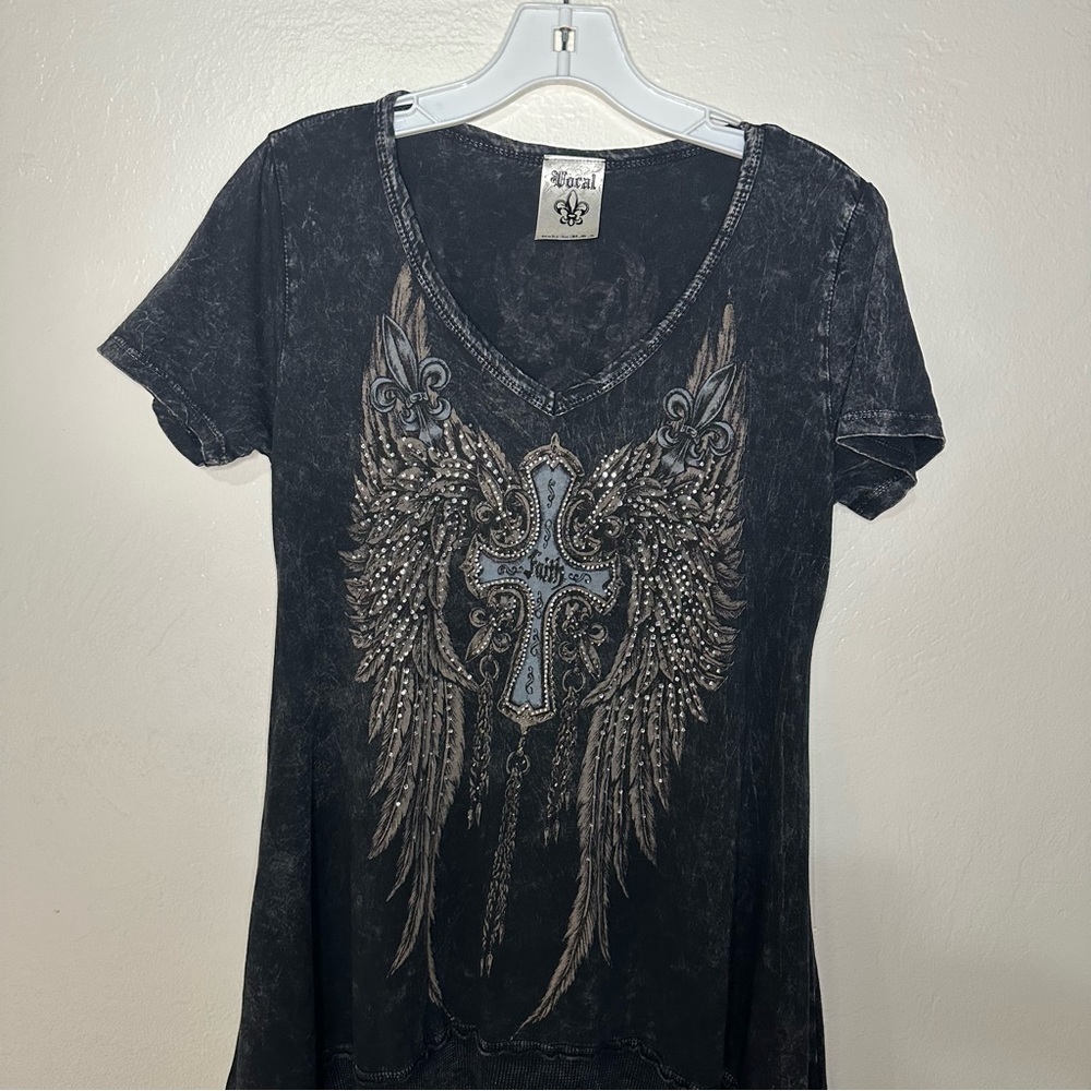 Y2K Grunge Rhinestone Cross Wings Tunic Top Acid Wash Short Sleeve Size Medium - Picture 5 of 15